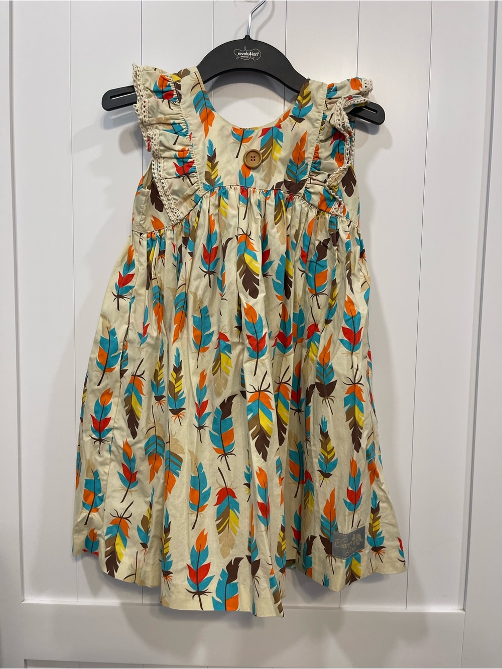 Wildflowers Cream Sundress with Turquoise, Orange & Brown Feather Print size 8